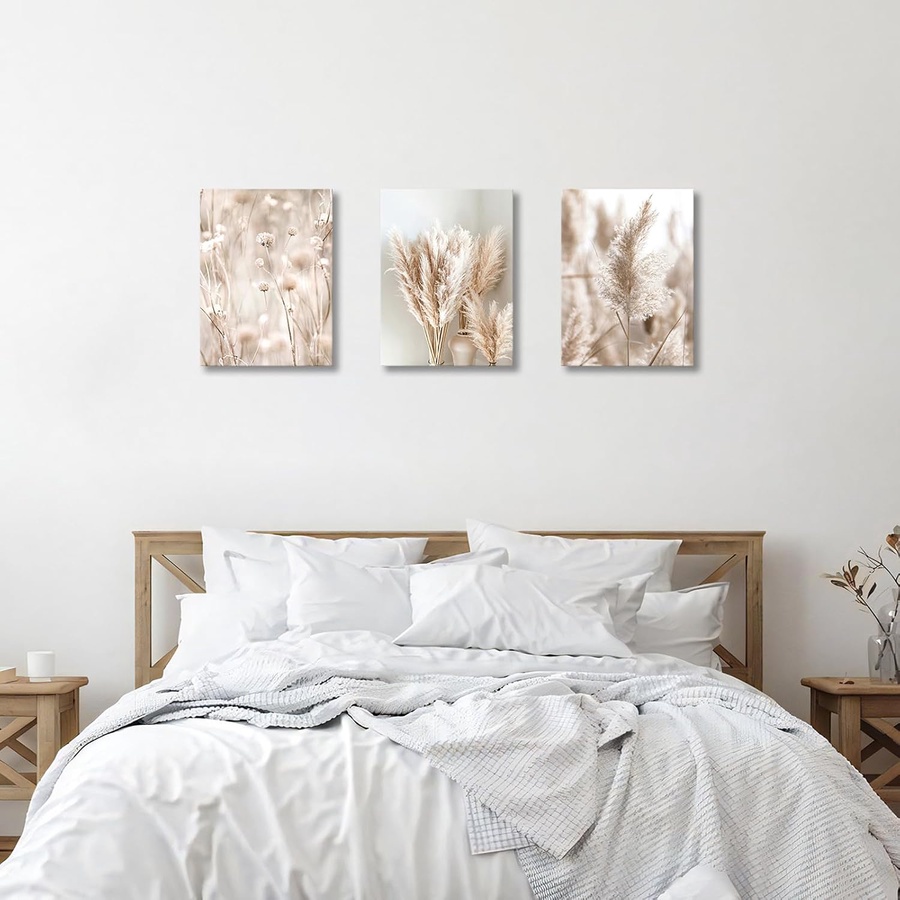 3-Piece Modern Beige Pampas Grass Picture Set, Aesthetic Boho Wall Decor Wall Art with Frame, Modern Picture on Canvas Wall Art Art Print Decor for Living Room, Bedroom, Kitchen, Dining Room 30x40x3
