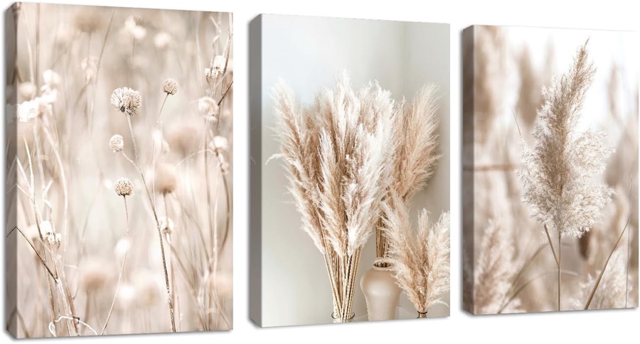 3-Piece Modern Beige Pampas Grass Picture Set, Aesthetic Boho Wall Decor Wall Art with Frame, Modern Picture on Canvas Wall Art Art Print Decor for Living Room, Bedroom, Kitchen, Dining Room 30x40x3