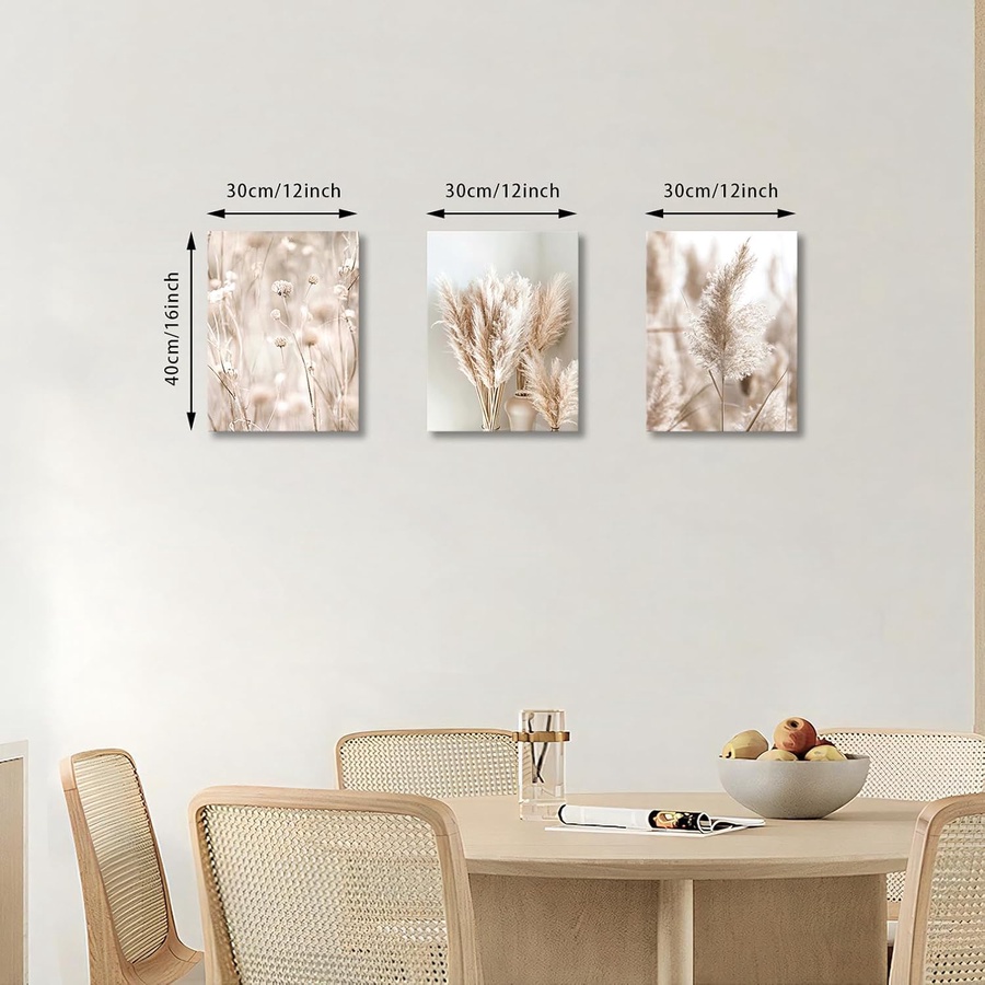 3-Piece Modern Beige Pampas Grass Picture Set, Aesthetic Boho Wall Decor Wall Art with Frame, Modern Picture on Canvas Wall Art Art Print Decor for Living Room, Bedroom, Kitchen, Dining Room 30x40x3