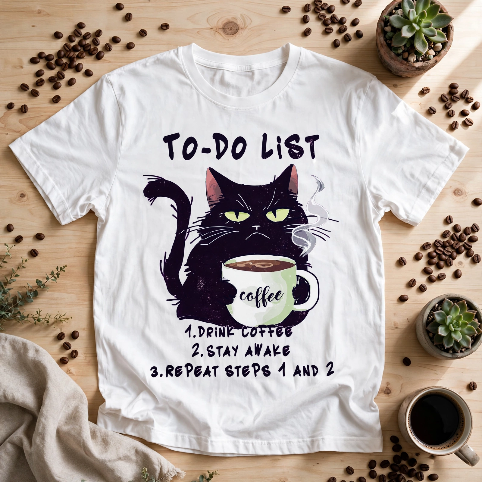 تيشيرت قطة سوداء مضحك - To-Do List قهوة لمحبي القطط والقهوة