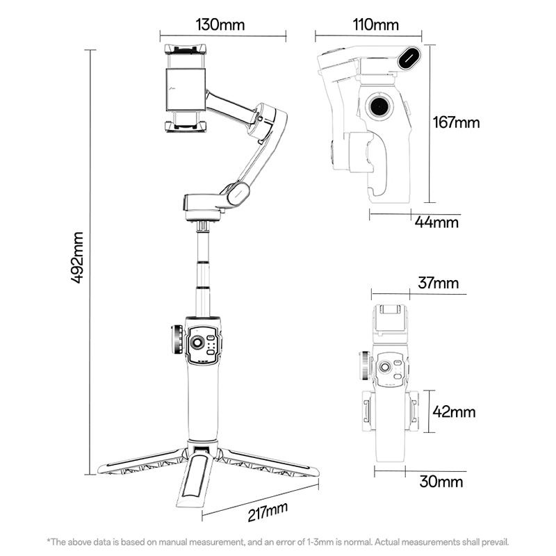 Yesido SF32 3-Axis Gimbal Stabilizer with AI Face Tracking, Built-in Fill Light, Extension Rod & Focus Wheel - Black