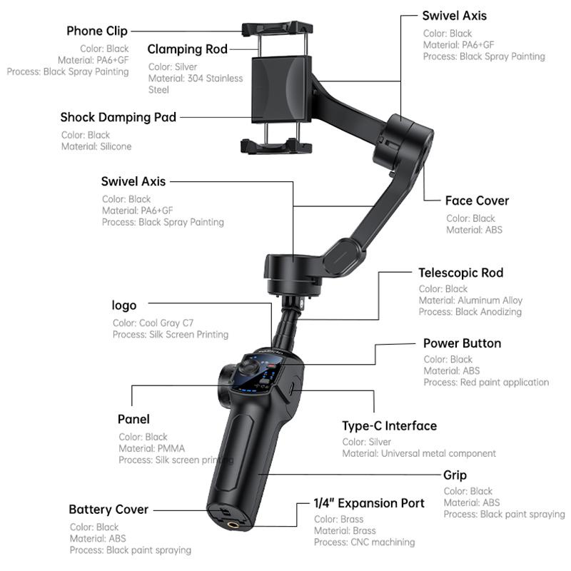 Yesido SF32 3-Axis Gimbal Stabilizer with AI Face Tracking, Built-in Fill Light, Extension Rod & Focus Wheel - Black