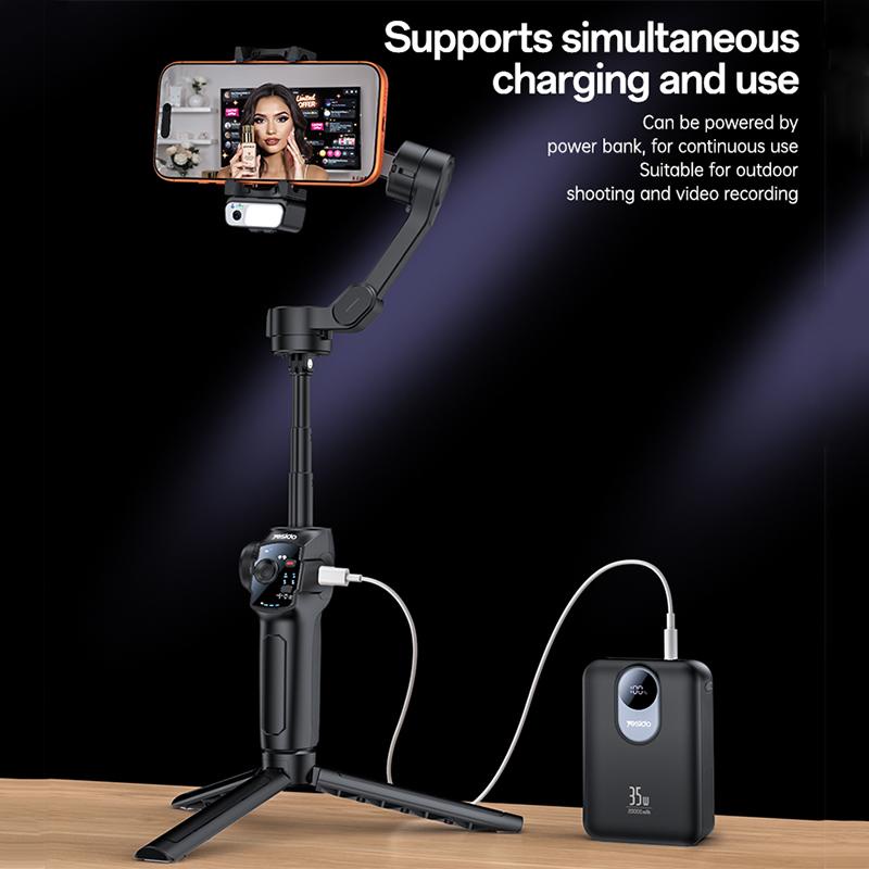 Yesido SF32 3-Axis Gimbal Stabilizer with AI Face Tracking, Built-in Fill Light, Extension Rod & Focus Wheel - Black
