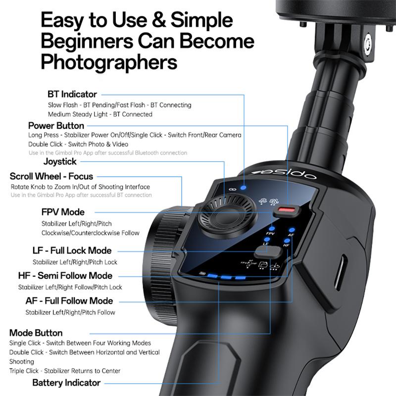 Yesido SF32 3-Axis Gimbal Stabilizer with AI Face Tracking, Built-in Fill Light, Extension Rod & Focus Wheel - Black
