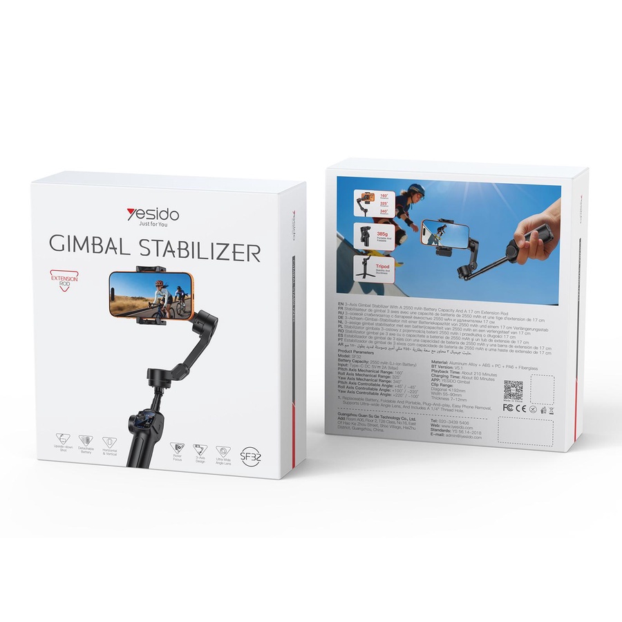 Yesido SF32 3-Axis Gimbal Stabilizer with AI Face Tracking, Built-in Fill Light, Extension Rod & Focus Wheel - Black