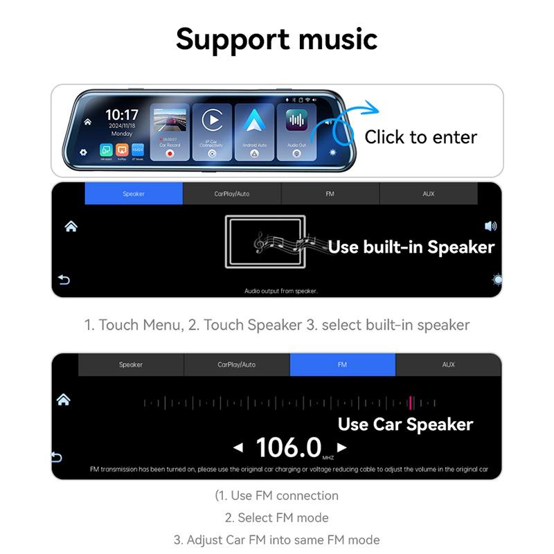 Yesido KM24 9.66" HD Mirror Dash Cam with CarPlay, Android Auto, AirPlay & Dual Recording - Black