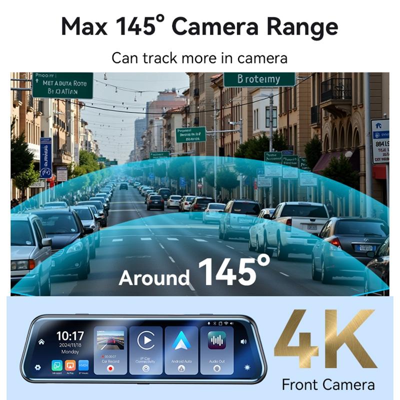 Yesido KM24 9.66" HD Mirror Dash Cam with CarPlay, Android Auto, AirPlay & Dual Recording - Black