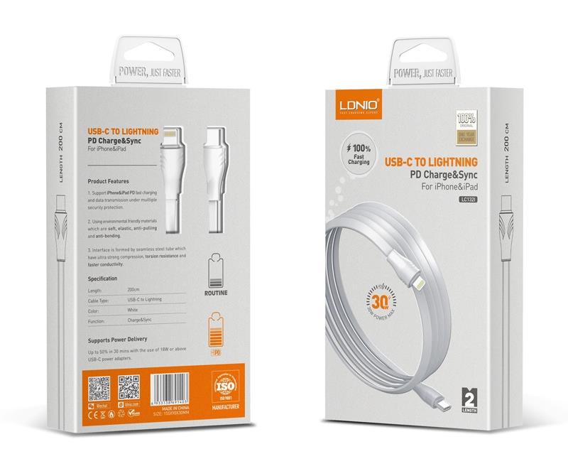 لادنيو فاست تشارجر داتا كابل تايب - سي - تو - لايتينج 2متر -30وات- LDNIO Fast Charging Data Cable TYPE-C TO Lightning (30W) (2M) - LC-132I