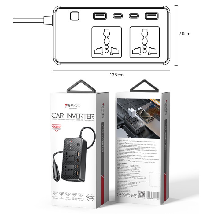 Yesido VC07 200W Car Inverter – Fast Charging PD Type-C & QC 3.0 USB Power Station for Laptops & Phones