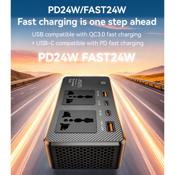 Yesido VC07 200W Car Inverter – Fast Charging PD Type-C & QC 3.0 USB Power Station for Laptops & Phones