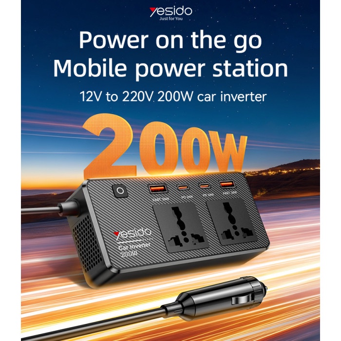 Yesido VC07 200W Car Inverter – Fast Charging PD Type-C & QC 3.0 USB Power Station for Laptops & Phones