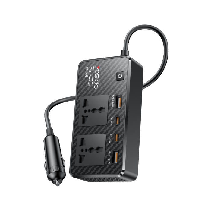 Yesido VC07 200W Car Inverter – Fast Charging PD Type-C & QC 3.0 USB Power Station for Laptops & Phones