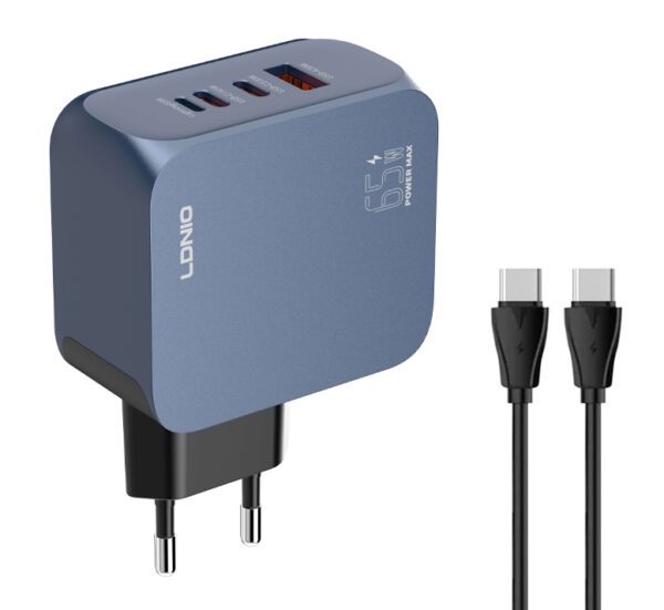 LDNIO Super-Fast Charger (GaN) With Cabel (Type-C to Type-C) + 4Port (2Type-C +1Lightning+USB-A) (65W) (100CM) - Q7 