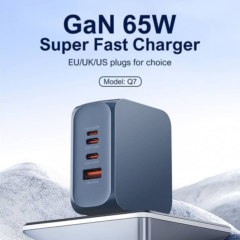 LDNIO Super-Fast Charger (GaN) With Cabel (Type-C to Type-C) + 4Port (2Type-C +1Lightning+USB-A) (65W) (100CM) - Q7 