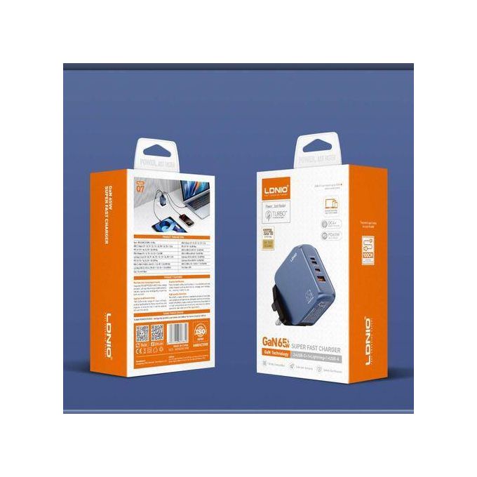 LDNIO Super-Fast Charger (GaN) With Cabel (Type-C to Type-C) + 4Port (2Type-C +1Lightning+USB-A) (65W) (100CM) - Q7 