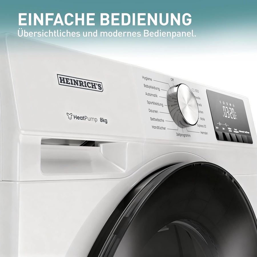 مجفف ملابس هاينريش 8 كيلو بمضخة حرارية (Heat Pump) أبيض – نشافة ملابس تحميل أمامي | Heinrich's
