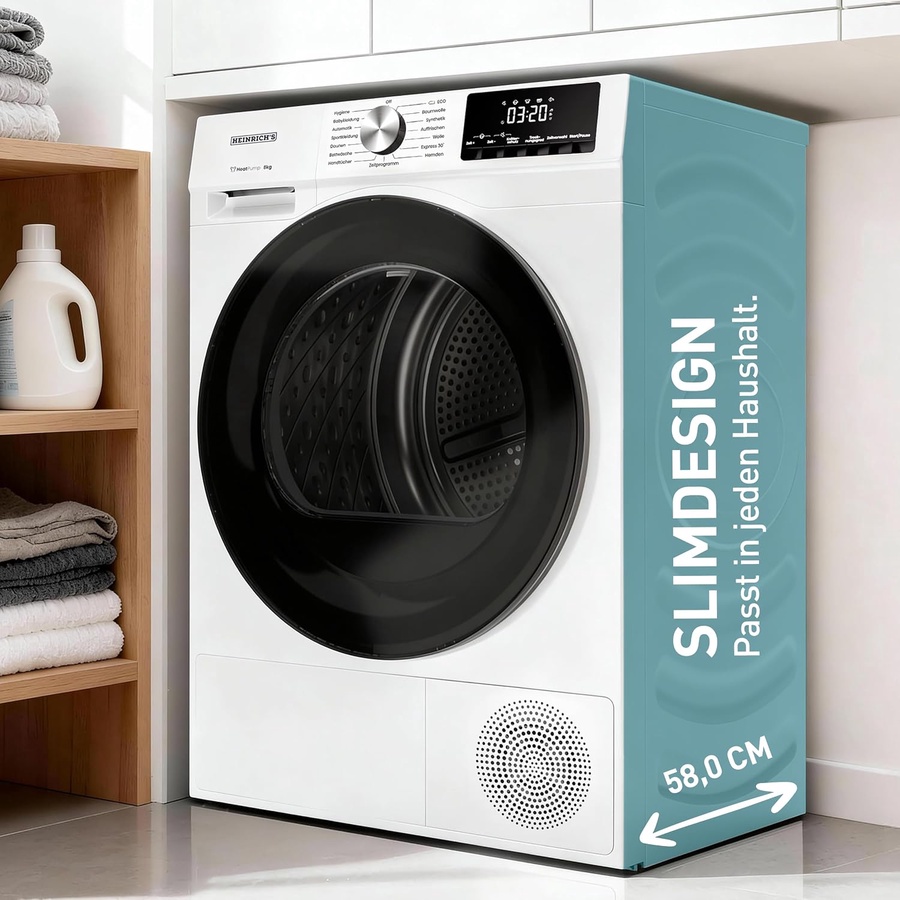 مجفف ملابس هاينريش 8 كيلو بمضخة حرارية (Heat Pump) أبيض – نشافة ملابس تحميل أمامي | Heinrich's