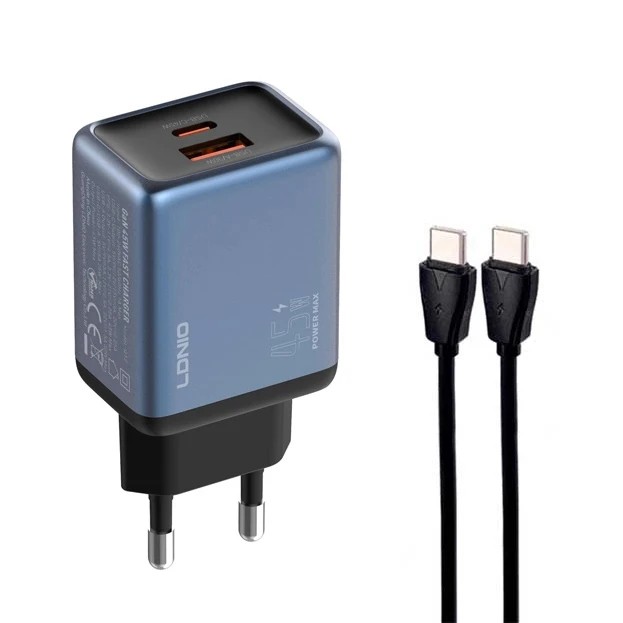 LDNIO Super-Fast Charger (GaN) With Cabel (Type-C to Type-C) + 2 Port (Type-C+USB-A) (65W) (100CM)-Model: Q12 