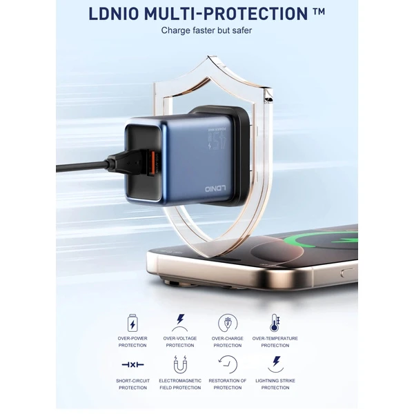 LDNIO Super-Fast Charger (GaN) With Cabel (Type-C to Type-C) + 2 Port (Type-C+USB-A) (65W) (100CM)-Model: Q12 