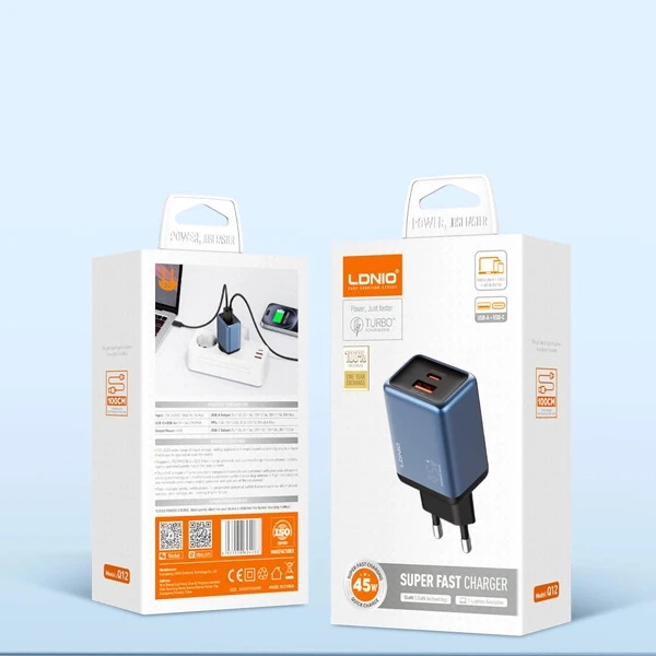 LDNIO Super-Fast Charger (GaN) With Cabel (Type-C to Type-C) + 2 Port (Type-C+USB-A) (65W) (100CM)-Model: Q12 