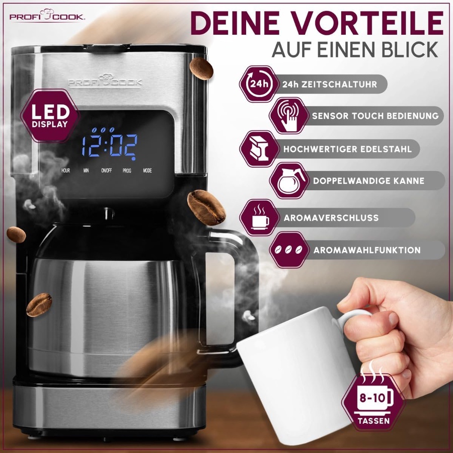 ماكينة قهوة بروفي كوك 1.2 لتر ديجيتال مع ترموس حراري – كوفي ميكر باللمس | Profi Cook PC-KA 1191
