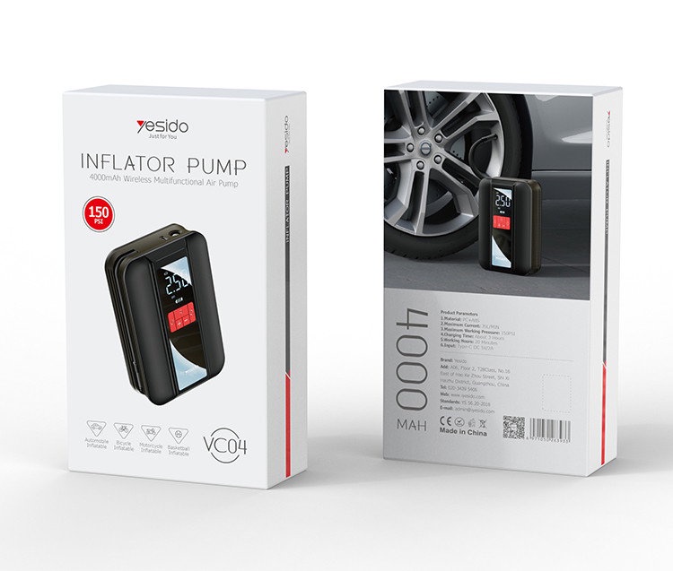 Yesido VC04 Portable Wireless Tire Inflator – 4000mAh Cordless Car Air Pump with LCD Display & Auto-Stop (Black)