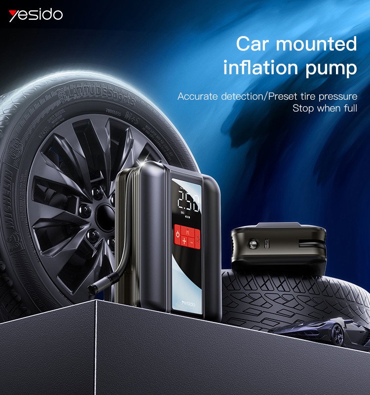 Yesido VC04 Portable Wireless Tire Inflator – 4000mAh Cordless Car Air Pump with LCD Display & Auto-Stop (Black)