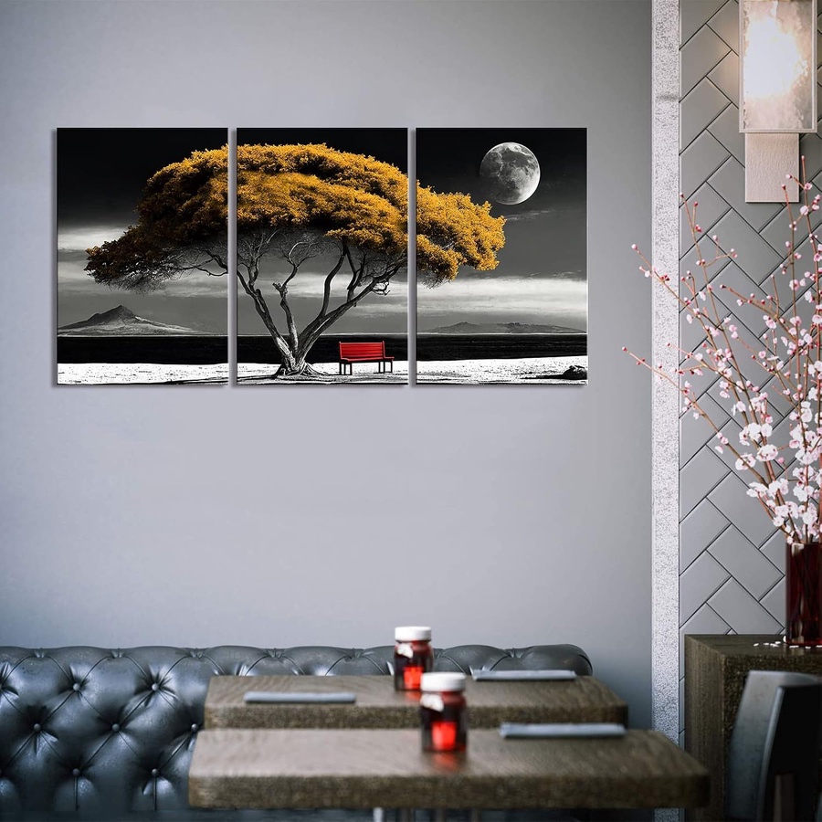3 لوحات حائط كانفاس بإطار، رسم مودرن لمناظر طبيعية لأشجار بألوان الذهبي والرمادي، ديكور جداري أنيق للمنازل والمكاتب وغرف المعيشة والنوم (16×24 إنش)