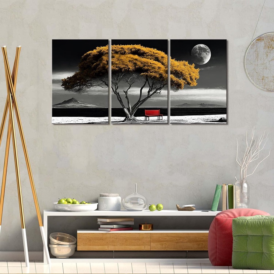 3 لوحات حائط كانفاس بإطار، رسم مودرن لمناظر طبيعية لأشجار بألوان الذهبي والرمادي، ديكور جداري أنيق للمنازل والمكاتب وغرف المعيشة والنوم (16×24 إنش)