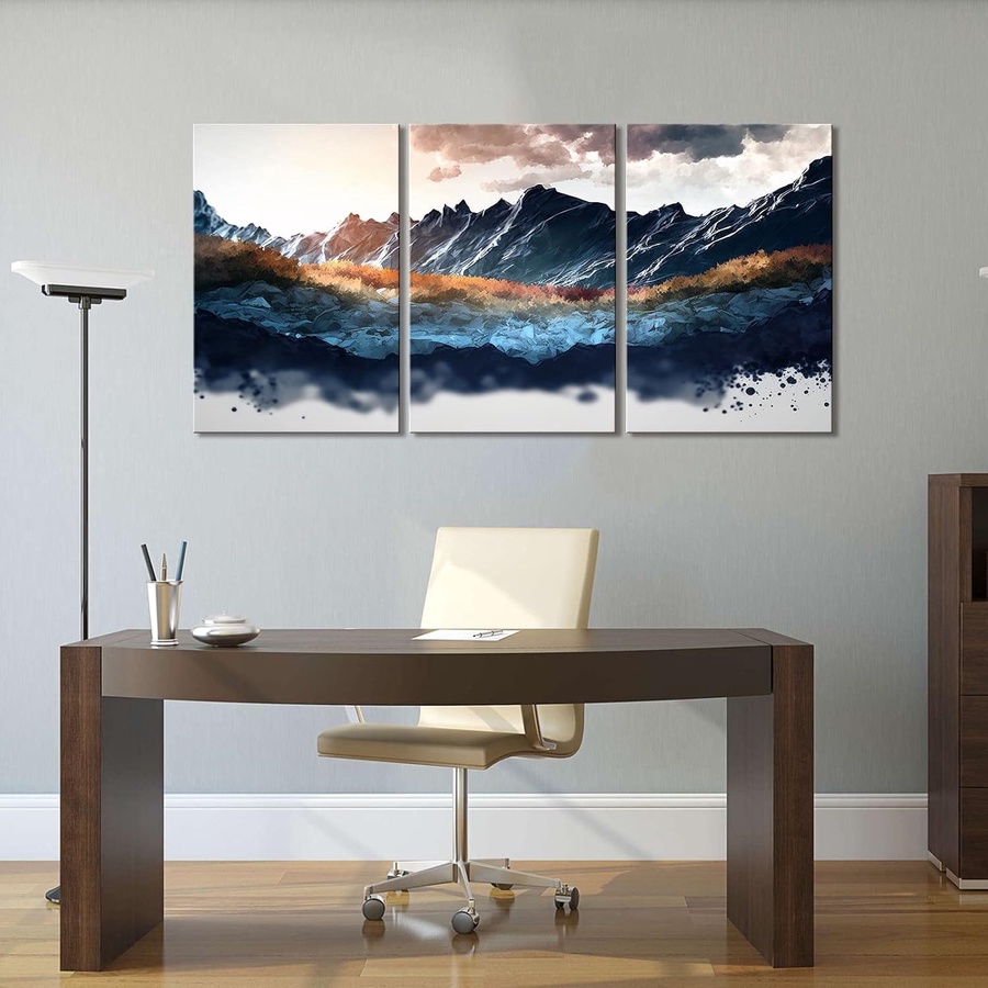 3 لوحات حائط كانفاس بإطار جاهزة للتعليق، رسم تجريدي مودرن لمناظر طبيعية وجبال بدرجات الأزرق، ديكور جداري أنيق للمنازل وغرف المعيشة والنوم وصالات العرض (16×24 إنش)
