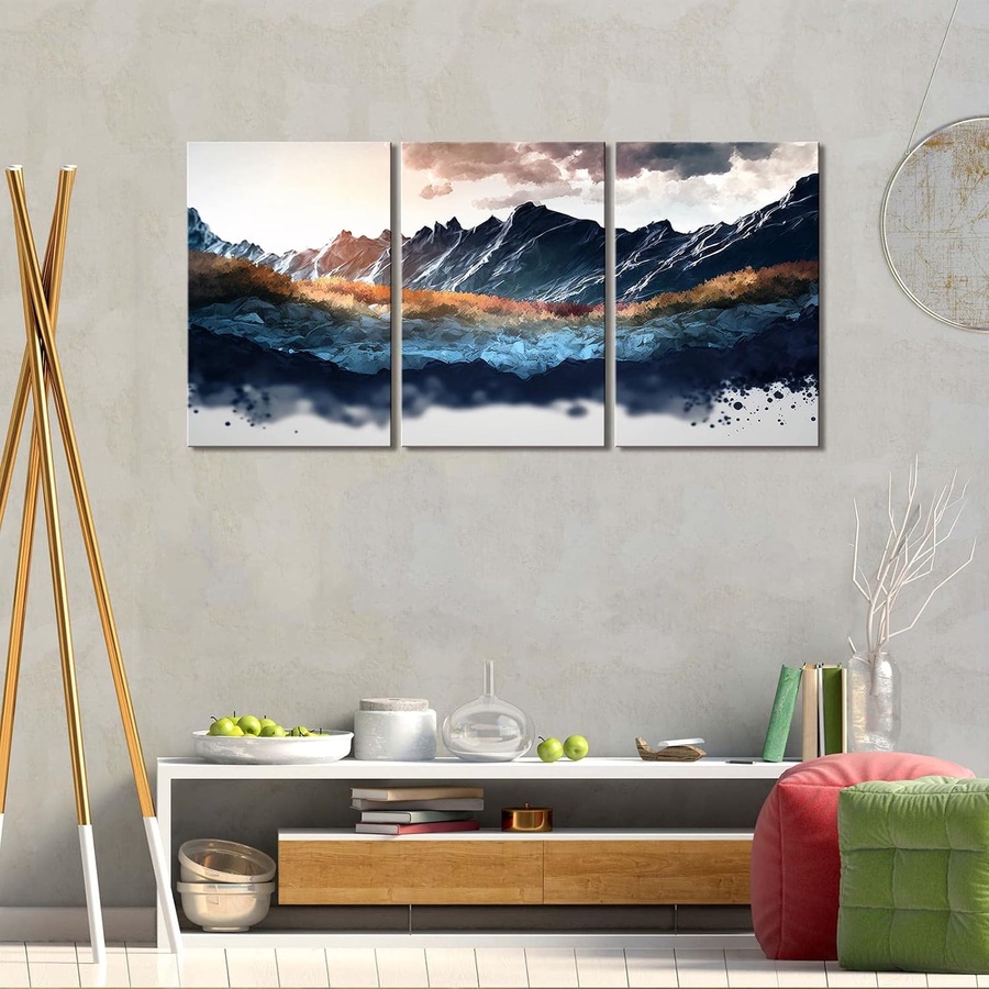3 لوحات حائط كانفاس بإطار جاهزة للتعليق، رسم تجريدي مودرن لمناظر طبيعية وجبال بدرجات الأزرق، ديكور جداري أنيق للمنازل وغرف المعيشة والنوم وصالات العرض (16×24 إنش)