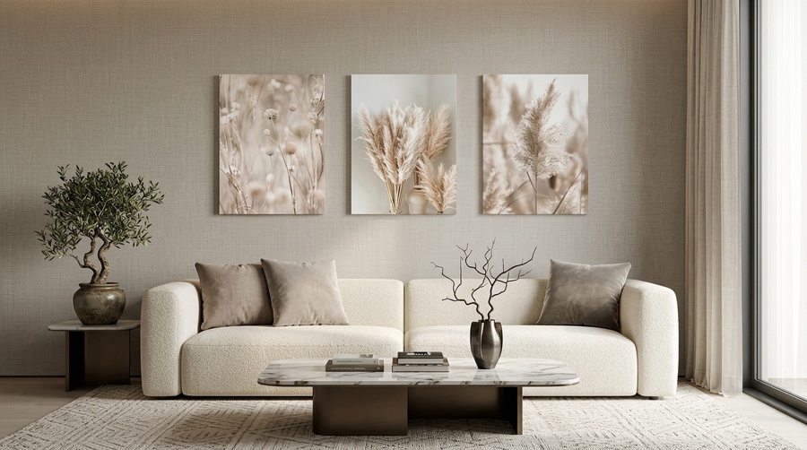 3 لوحات حائط كانفاس بإطار، رسم مودرن جمالي لنبات عشب البامباس بألوان بيج محايدة وطراز بوهيمي، ديكور جداري للمنازل وغرف المعيشة والنوم والمطابخ وغرف الطعام (30×40 سم)