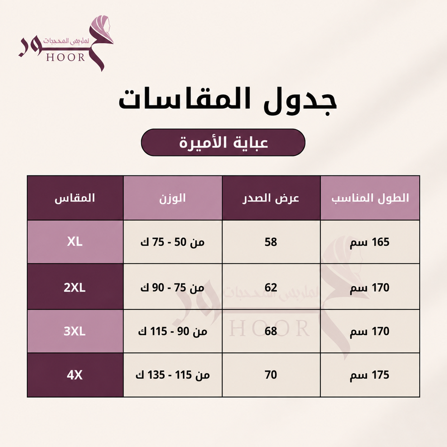 جدول مقاسات عباية الأميرة من حُور