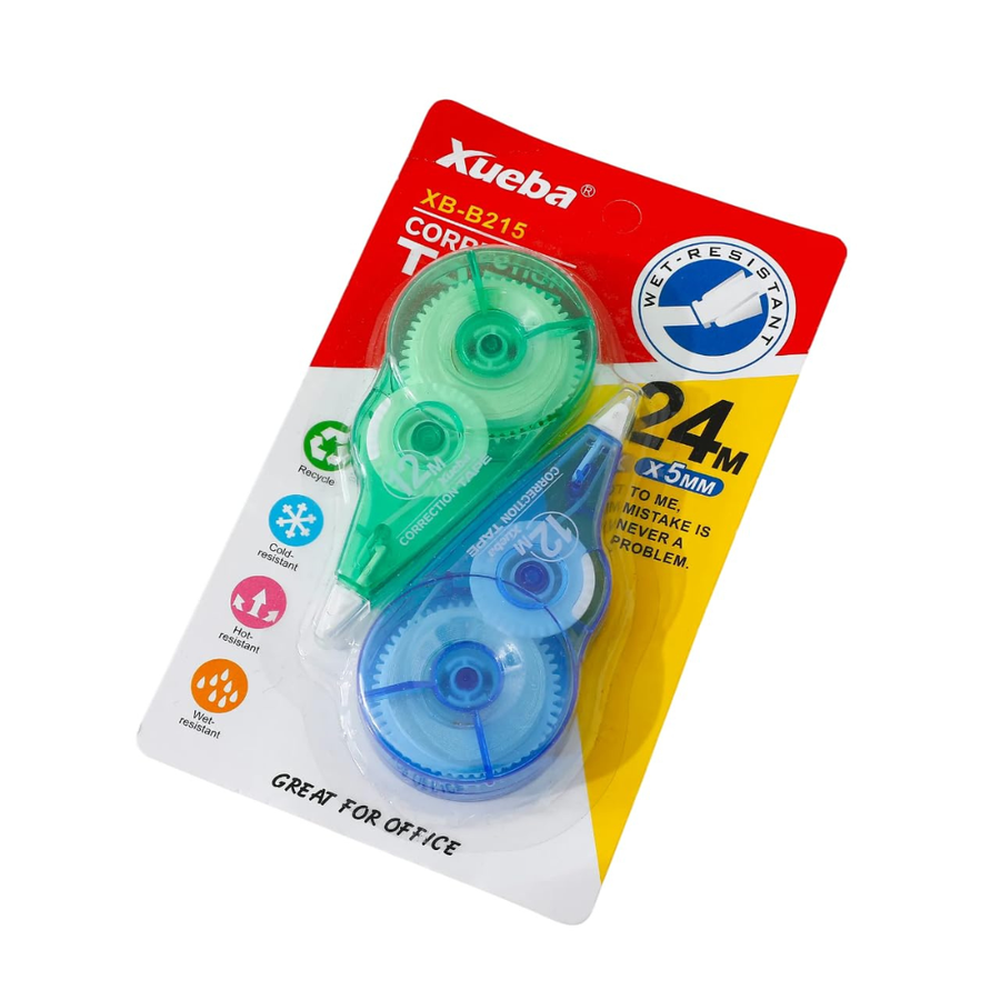 Xueba, Correction Tape Set, 2 Pieces, 24 m × 5 mm Each, Green and Blue