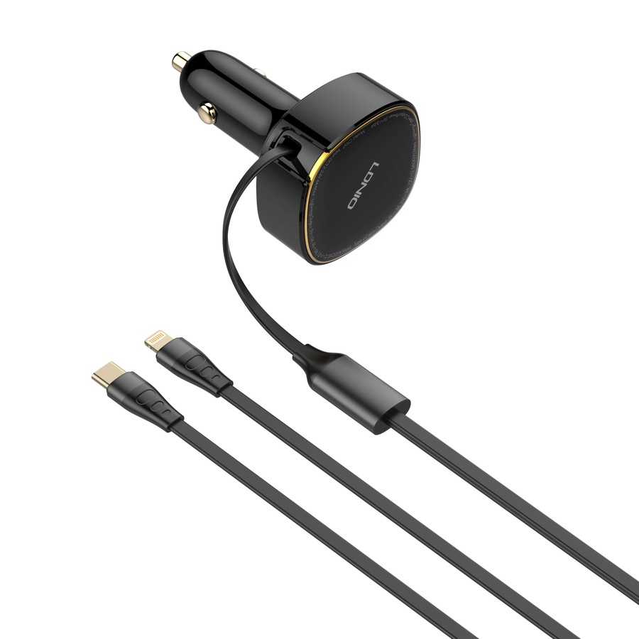 لادنيو كار فاست تشارجر مع ري-تراكتبل كابل + 2 مخرج  تايب - سي + لايتينج 30وات   -LDNIO Car Fast Charger with Retractable Cabel + 2 Port (Type-C+ Lightning) (30W) -Model: C107 