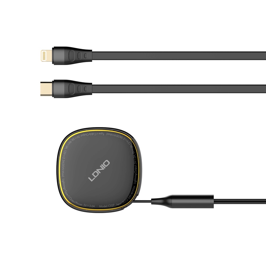 لادنيو كار فاست تشارجر مع ري-تراكتبل كابل + 2 مخرج  تايب - سي + لايتينج 30وات   -LDNIO Car Fast Charger with Retractable Cabel + 2 Port (Type-C+ Lightning) (30W) -Model: C107 