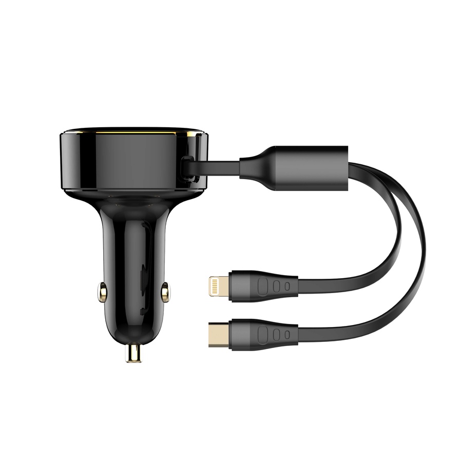لادنيو كار فاست تشارجر مع ري-تراكتبل كابل + 2 مخرج  تايب - سي + لايتينج 30وات   -LDNIO Car Fast Charger with Retractable Cabel + 2 Port (Type-C+ Lightning) (30W) -Model: C107 
