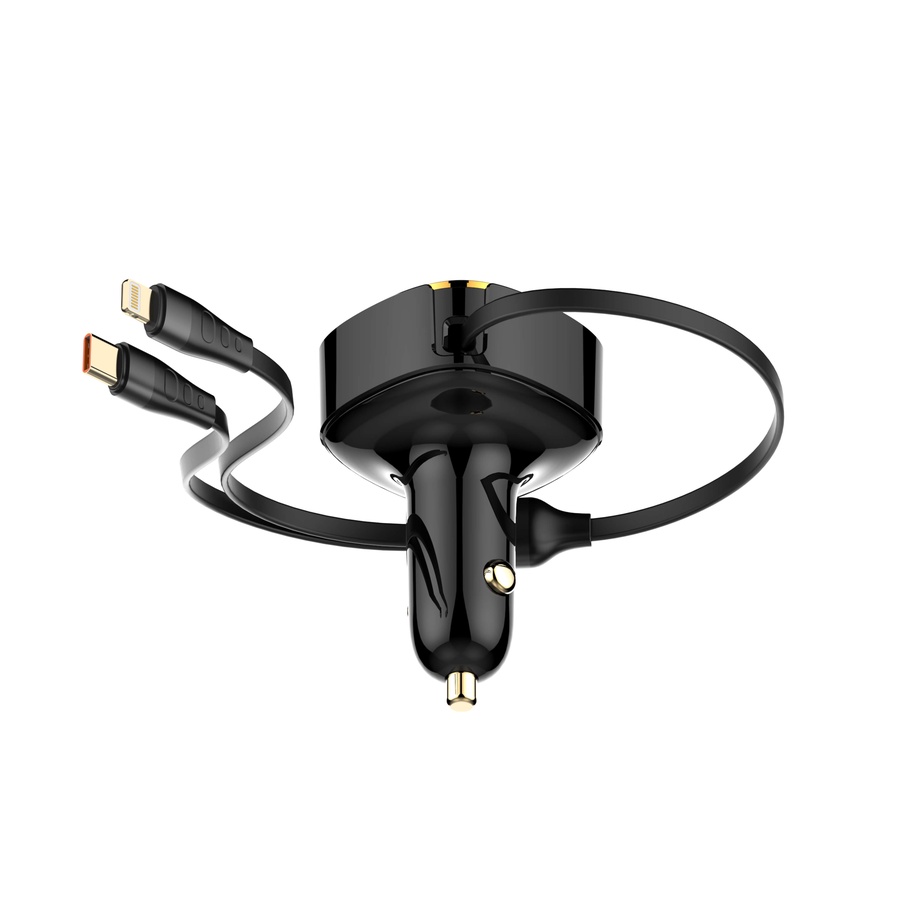 لادنيو كار فاست تشارجر مع ري-تراكتبل كابل + 2 مخرج  تايب - سي + لايتينج 30وات   -LDNIO Car Fast Charger with Retractable Cabel + 2 Port (Type-C+ Lightning) (30W) -Model: C107 