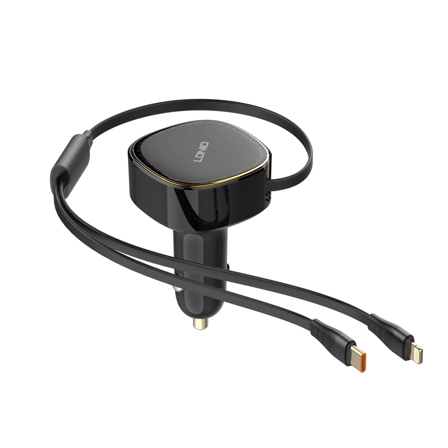 لادنيو كار فاست تشارجر مع ري-تراكتبل كابل + 2 مخرج  تايب - سي + لايتينج 30وات   -LDNIO Car Fast Charger with Retractable Cabel + 2 Port (Type-C+ Lightning) (30W) -Model: C107 