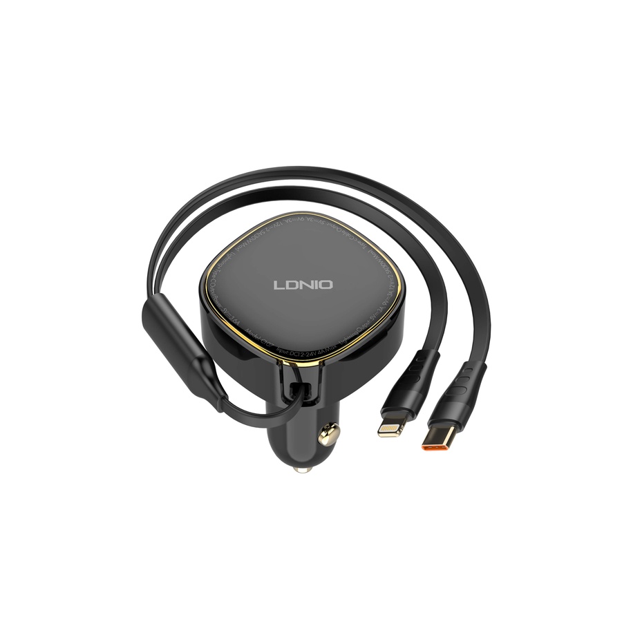 لادنيو كار فاست تشارجر مع ري-تراكتبل كابل + 2 مخرج  تايب - سي + لايتينج 30وات   -LDNIO Car Fast Charger with Retractable Cabel + 2 Port (Type-C+ Lightning) (30W) -Model: C107 