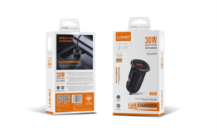 DNIO Car Fast Charging with Data Cabel (USB - A to Type-C) OR (USB - A to Lightning) (100CM) (30W) - Model: C105 