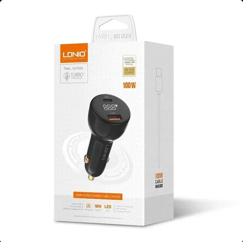 لادنيو كار تشارجر مع سوبر فاست تشارجر داتا كابل تايب - سي - تو - تايب - سي 1متر 100وات  -LDNIO Car Charger With Super-Fast Charging Data Cabel (Type-C to Type-C) (1M) (100W) - Model: C101 