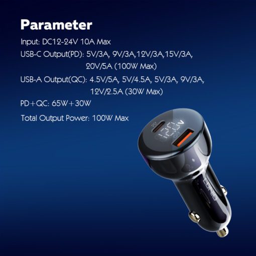 لادنيو كار تشارجر مع سوبر فاست تشارجر داتا كابل تايب - سي - تو - تايب - سي 1متر 100وات  -LDNIO Car Charger With Super-Fast Charging Data Cabel (Type-C to Type-C) (1M) (100W) - Model: C101 