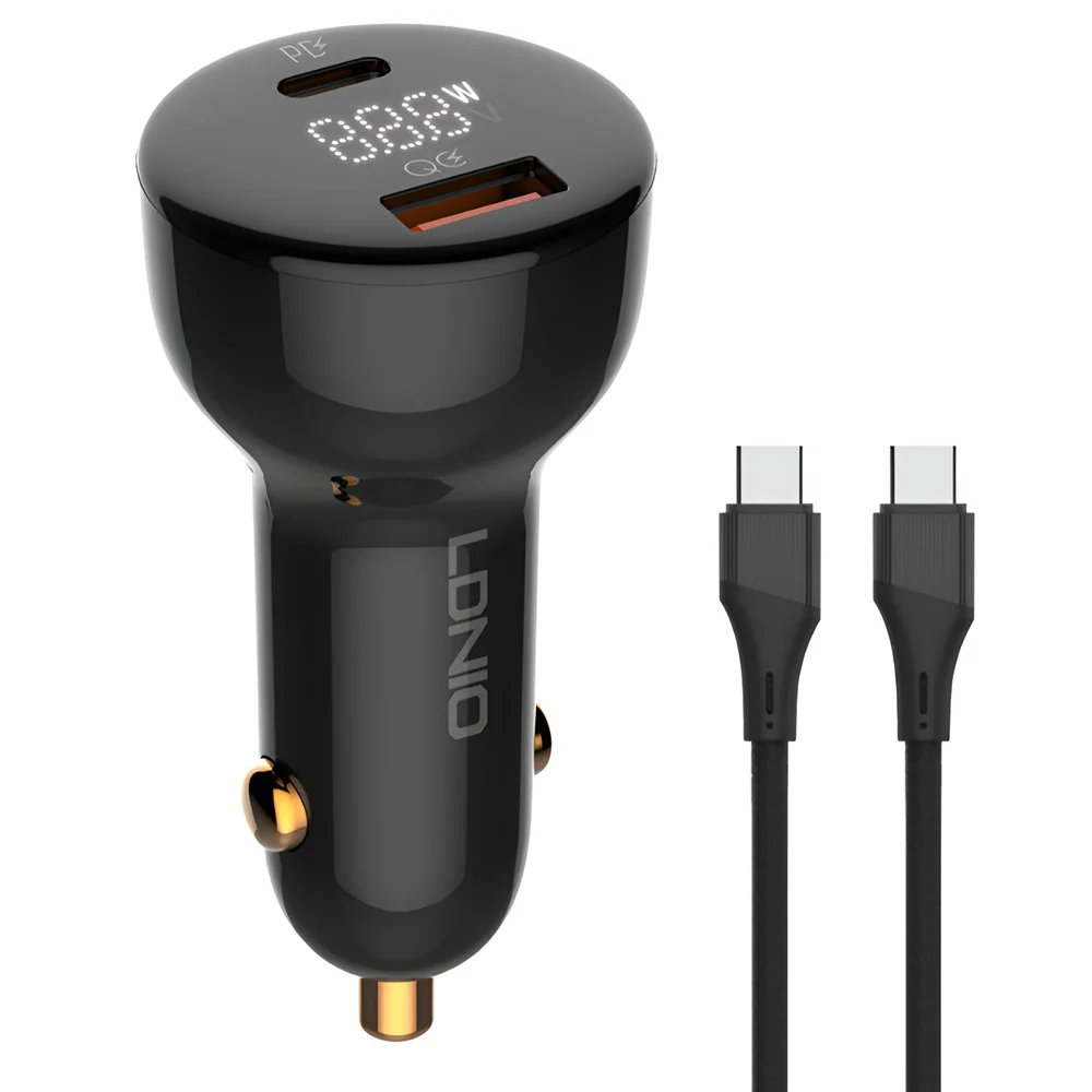 لادنيو كار تشارجر مع سوبر فاست تشارجر داتا كابل تايب - سي - تو - تايب - سي 1متر 100وات  -LDNIO Car Charger With Super-Fast Charging Data Cabel (Type-C to Type-C) (1M) (100W) - Model: C101 