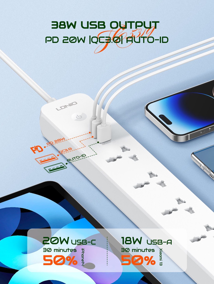 لادنيو باور سوكيت  2500وات 2متر- Ldnio Power Socket (2500W) (2M) SC-5319 