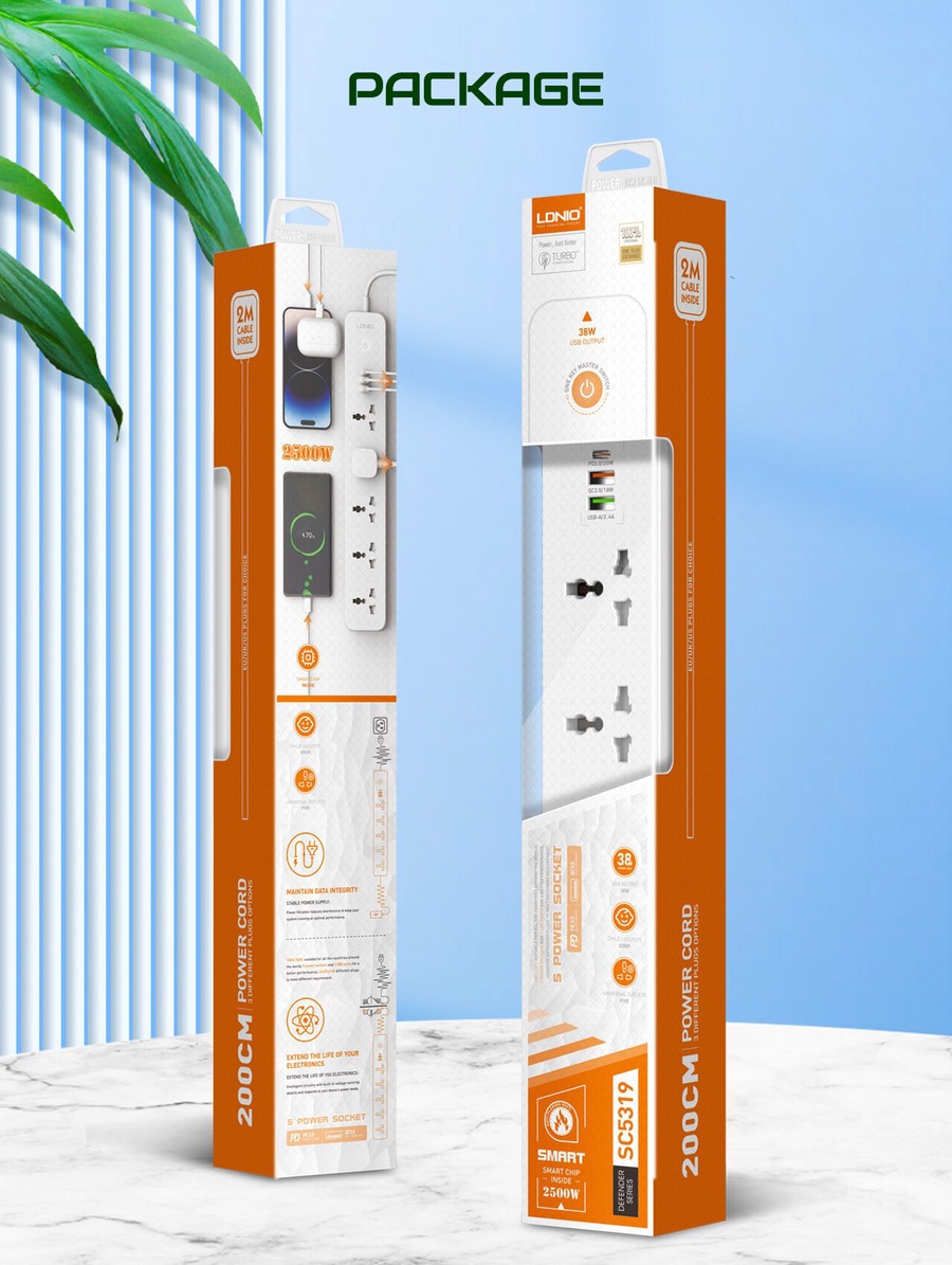 لادنيو باور سوكيت  2500وات 2متر- Ldnio Power Socket (2500W) (2M) SC-5319 