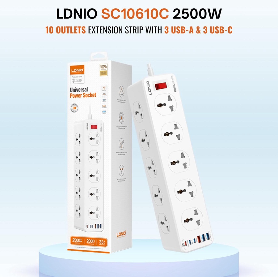 لادنيو باور سوكيت2500وات -2متر - LDNIO Power Socket(2500W) (2000mm) Model:SC10610C