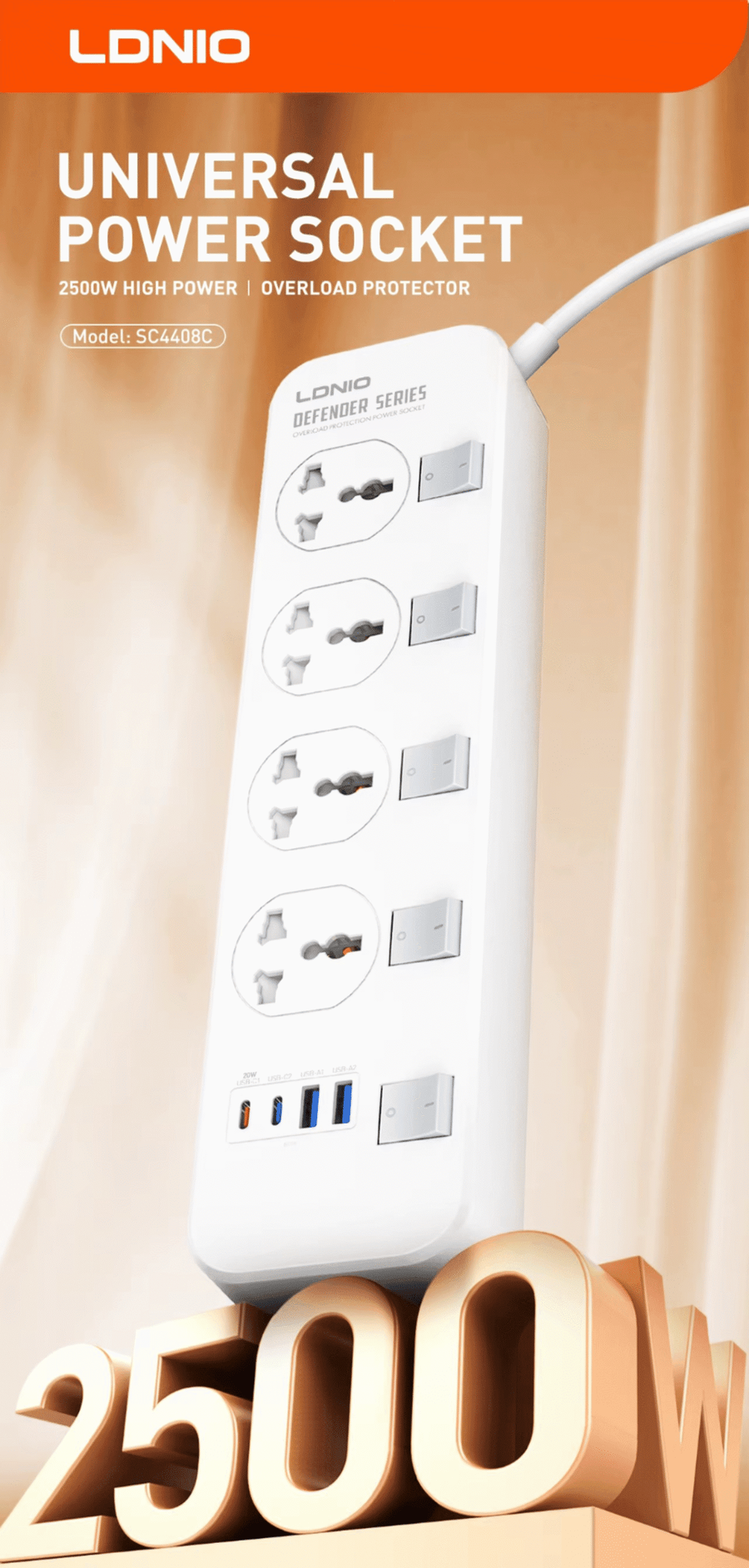  لادنيو باور سوكيت 2500وات -2متر -LDNIO Power Socket(2500W) (2000mm) Model:SC4408C