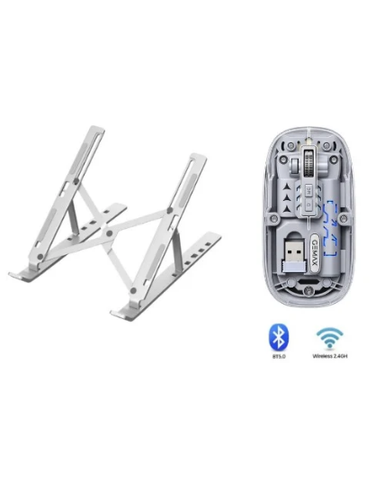 Portable Silver Aluminum Laptop Stand with GEMAX G-2000 Dual-Mode Wireless Mouse