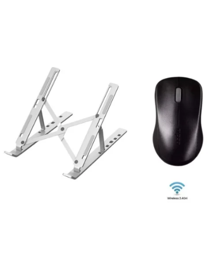 Portable Silver Aluminum Laptop Stand with Rapoo 1620 Black Wireless Mouse